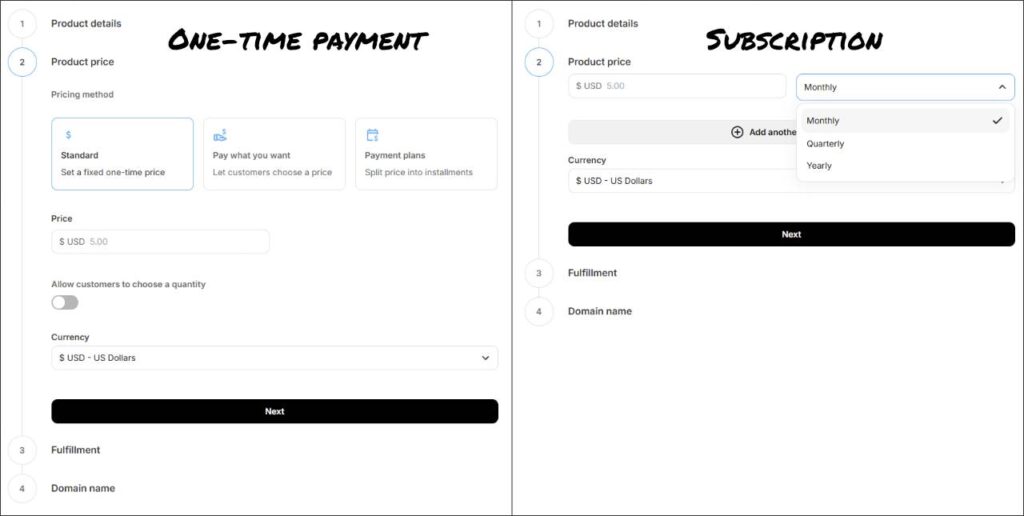 product pricing for one-time payment and subscription